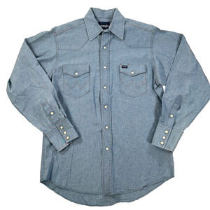 Wrangler Denim Shirt Mens Medium Blue Cowboy Cut Pearl Snap Western Rodeo Blue